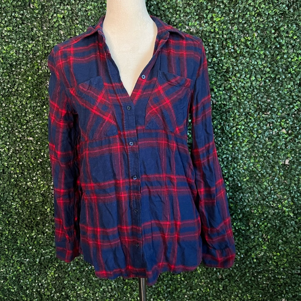 Express Boyfriend Button Up Top Plaid Blue Long Sleeve Collared Flannel Size XS